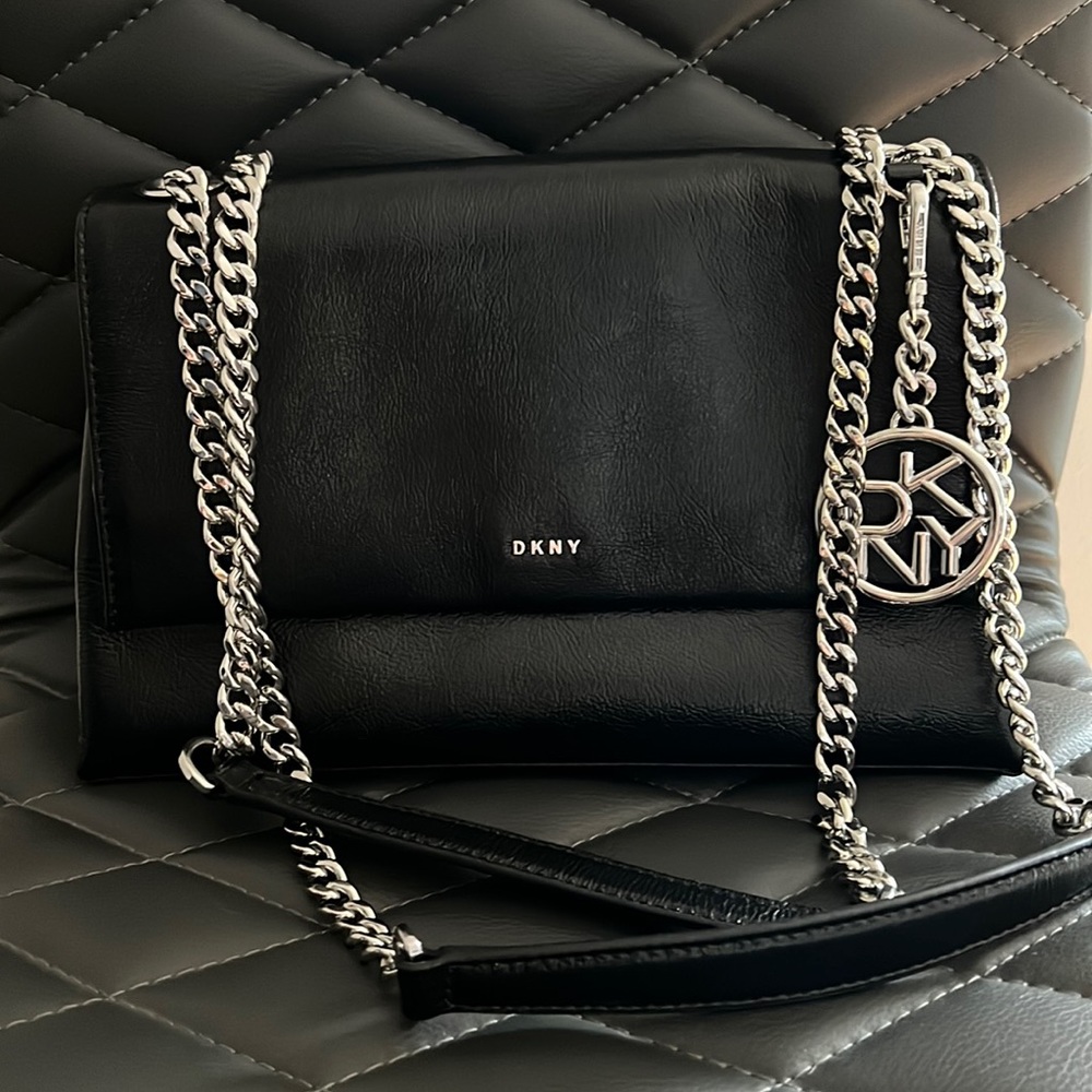 DKNY Black Leather Bag with Silver Chain